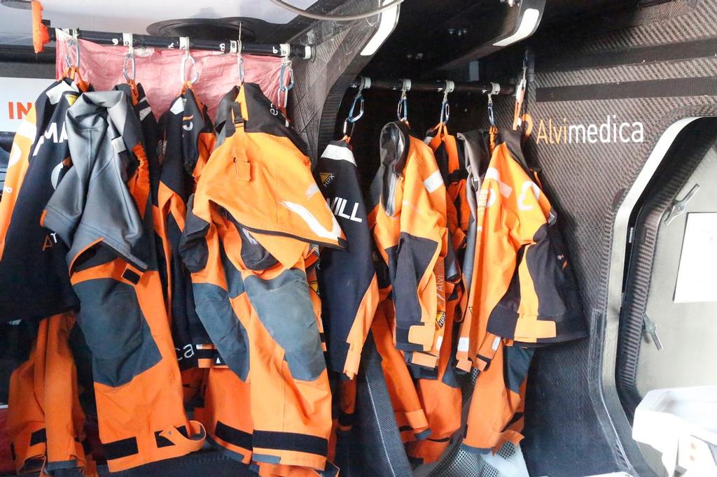 Wet gear hanging locker - Team Alvimedica - Practice Race, Lisbon © Eugenia Bakunova http://www.mainsail.ru
